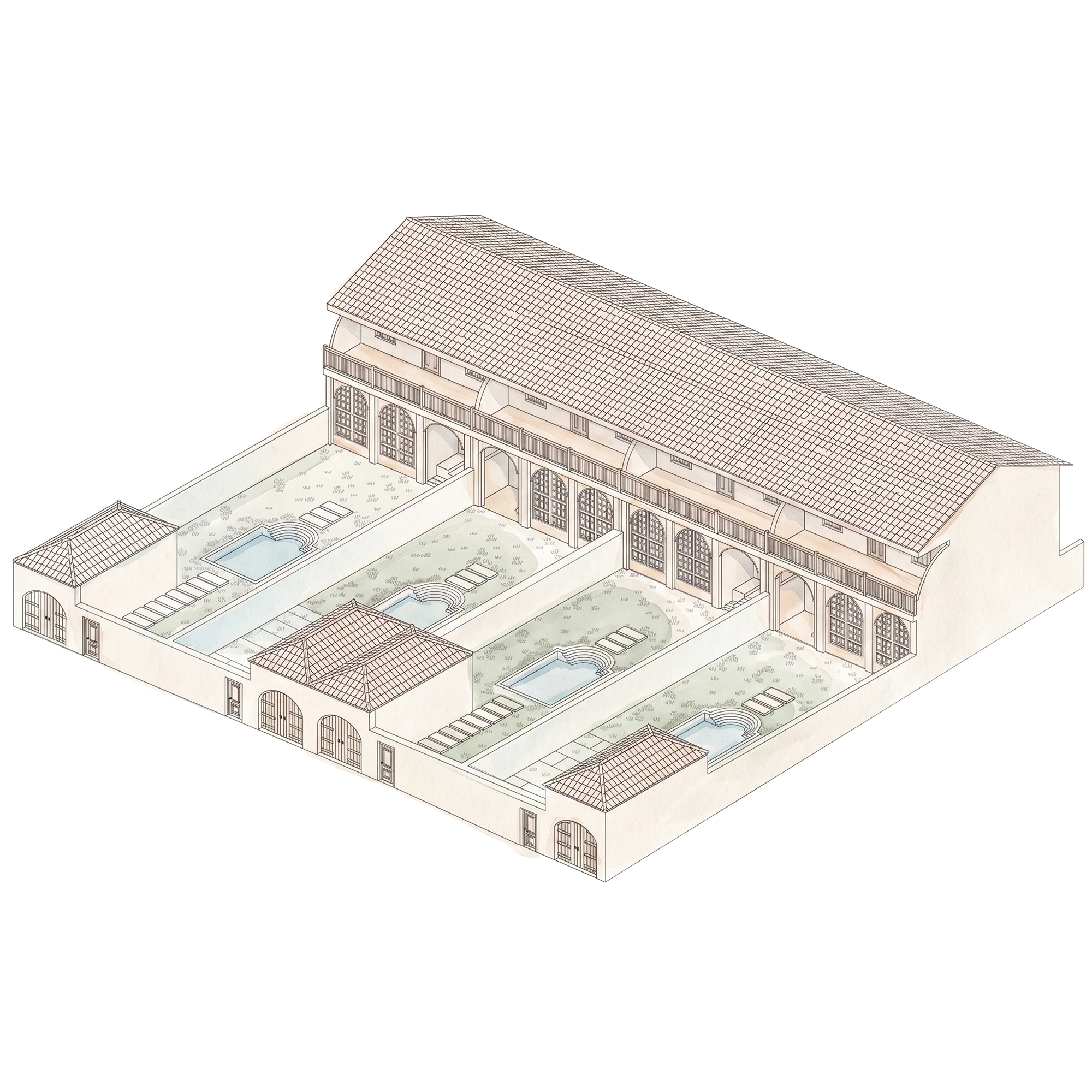 Cutaway axonometric of four adjoining lots