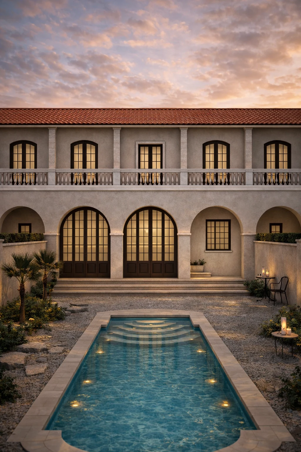Courtyard with reflecting pool at dusk
