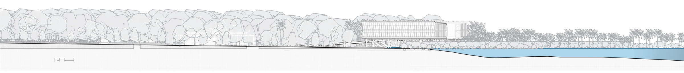 Longitudinal elevation across the site