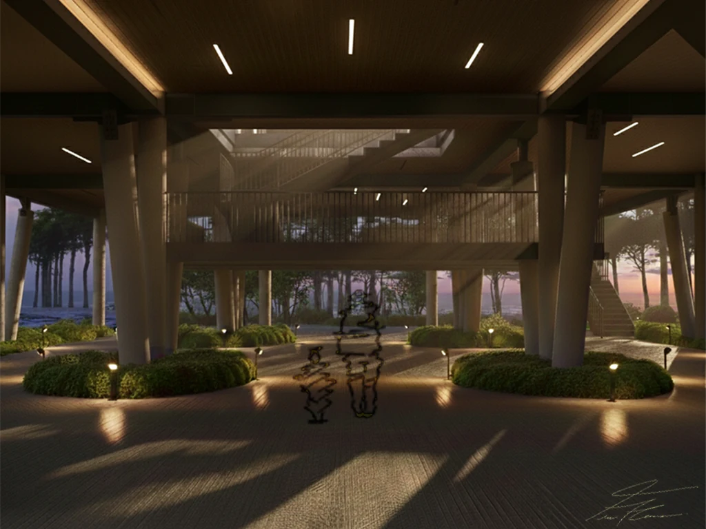 Shaded ground beneath the elevated volumes