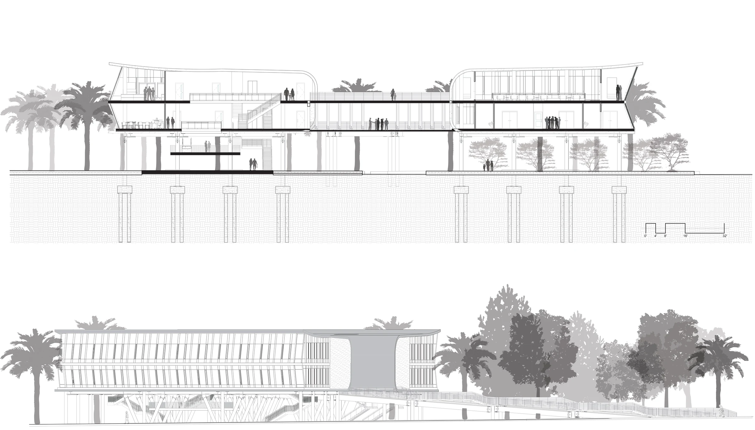 Cross section and south elevation