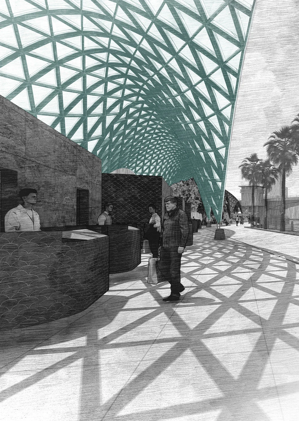 Under the gridshell canopy